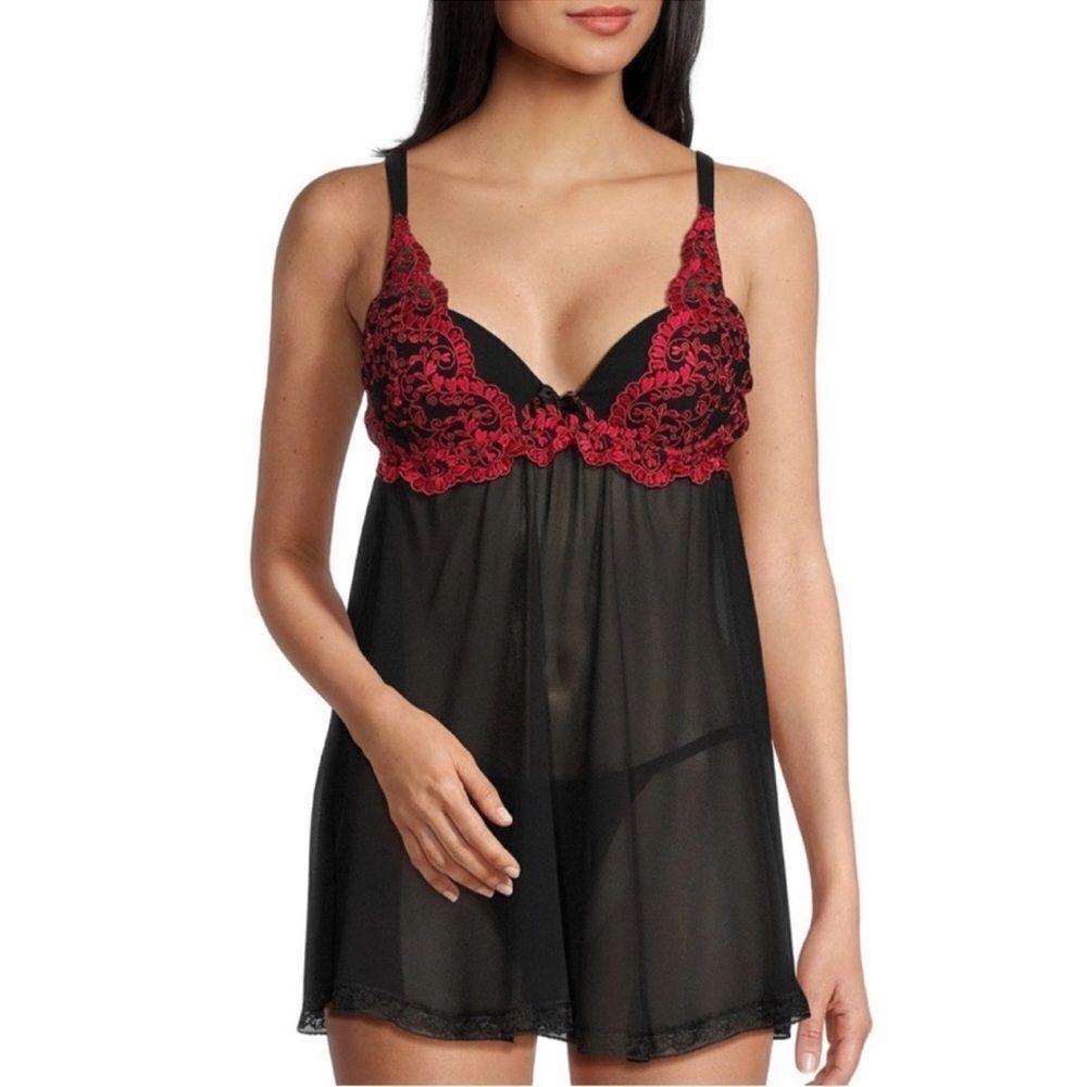 SW by Cinema ETOILE L Black Red Embroidered Chiffon Intimate Gown with Thong
